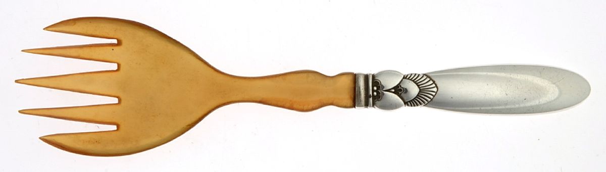 Cactus (Sterling, 1930) Medium Salad Serving Fork with Horn Tines by Georg Jensen (Denmark)-1