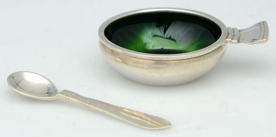 Continental (Sterling, 1908) Individual Enameled Salt Cellar & Spoon Set by Georg Jensen (Denmark)-1