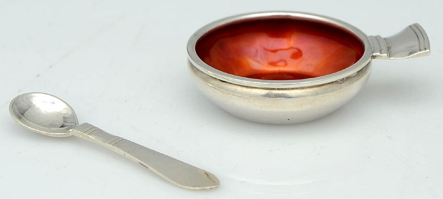 Continental (Sterling, 1908) Individual Enameled Salt Cellar & Spoon Set by Georg Jensen (Denmark)-1