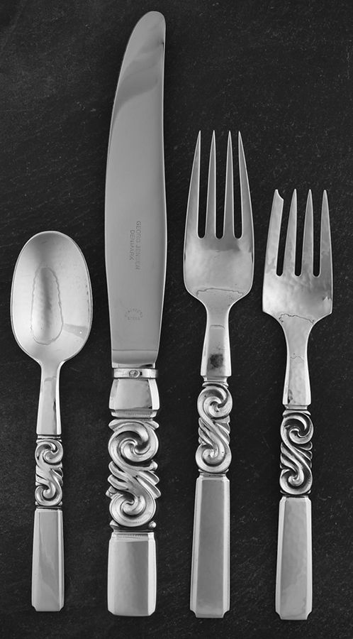 Scroll (Sterling, 1927) 4 Piece Dinner Size Setting by Georg Jensen (Denmark)-1
