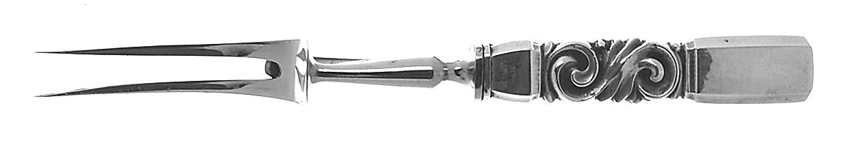 Scroll (Sterling, 1927) Small Steak Carving Fork with Stainless Prongs by Georg Jensen (Denmark)-1