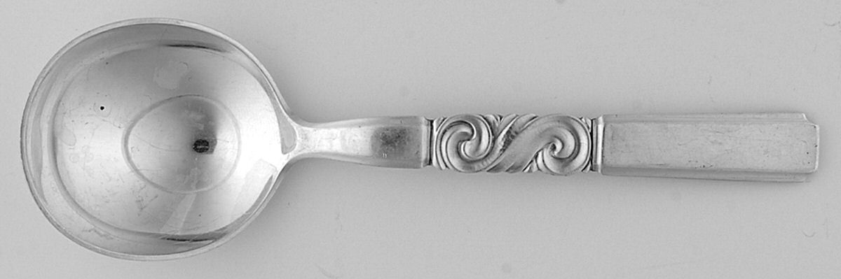 Scroll (Sterling, 1927) Round Bowl Soup Spoon (Bouillon) by Georg Jensen (Denmark)-1