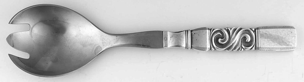 Scroll (Sterling, 1927) Salad Serving Fork Stainless Prongs Medium by Georg Jensen (Denmark)-1