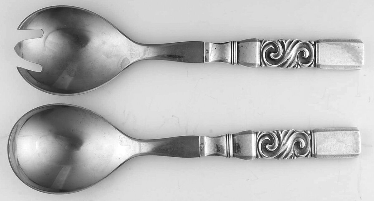 Scroll (Sterling, 1927) Salad Set 2 Piece Stainless Bowl Medium by Georg Jensen (Denmark)-1