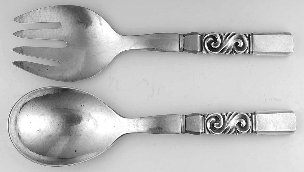Scroll (Sterling, 1927) Solid 2-Piece Vegetable Serving Set by Georg Jensen (Denmark)-1
