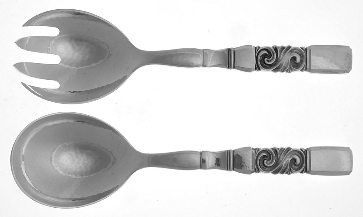 Scroll (Sterling, 1927) Hollow Handle 2-Piece Salad Set by Georg Jensen (Denmark)-1