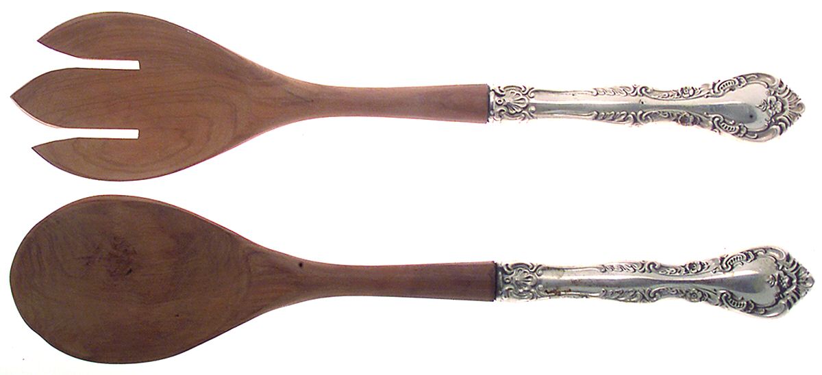 Alencon Lace (Sterling, 1965) Wooden Bowl 2-Piece Salad Set by Gorham Silver-1