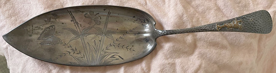 Antique-Hammered & Applied (Sterling, 1880) Large Solid Bright Cut Fish Serving Knife by Gorham Silver-1