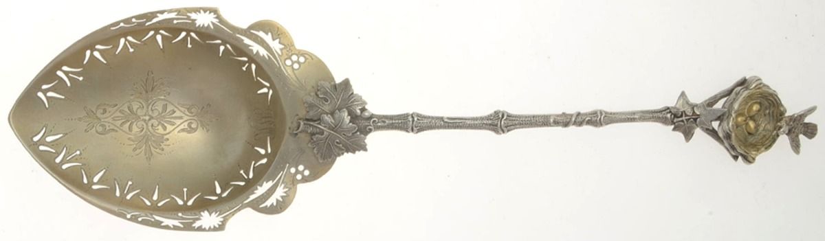 Birds Nest (Sterling, 1865) Large Bright Cut Pierced Nut Spoon by Gorham Silver-1