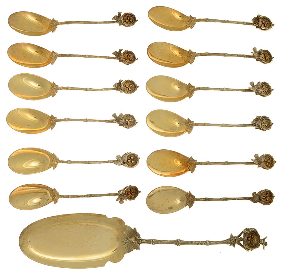 Birds Nest (Sterling, 1865) 13 Piece Ice Cream Set (Server and 12 Spoons) by Gorham Silver-1