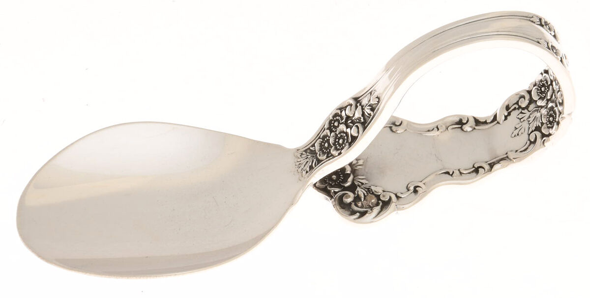 Buttercup (Sterling, Lion-Anchor-G, 1899, No Monos) Baby Spoon with Curved Handle HC by Gorham Silver-1
