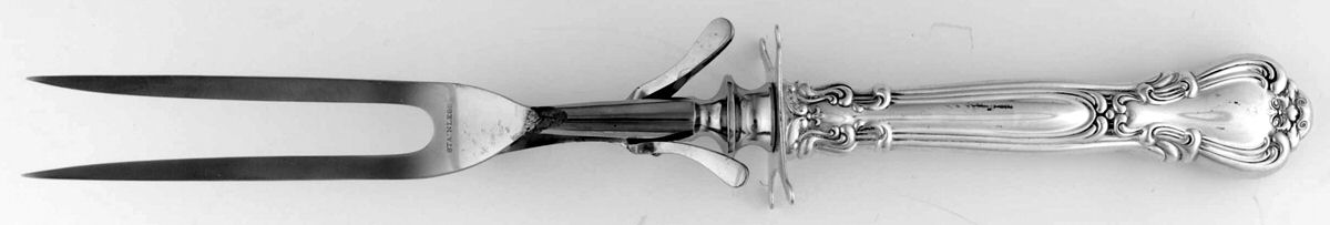 Chantilly (Sterling, 1895, Lion-Anchor-G, No Mono) Lg Carving/Roast Fork-Stn Prong w/Sterling Guard by Gorham Silver-1