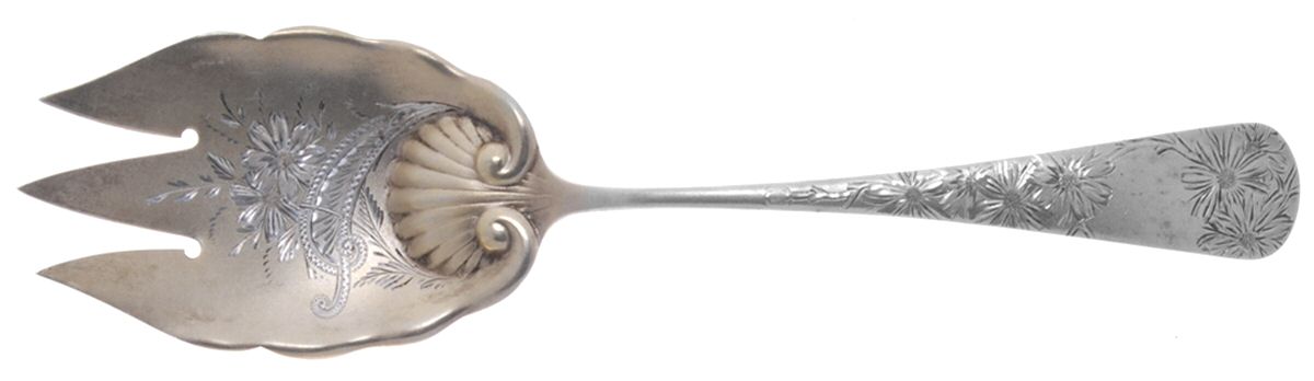 Chrysanthemum (Sterling, 1885) Salad Serving Fork, Bright Cut Solid Piece by Gorham Silver-1