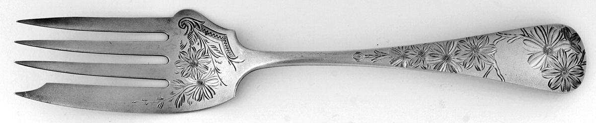 Chrysanthemum (Sterling, 1885) Cold Meat Serving Fork Medium Bright Cut by Gorham Silver-1