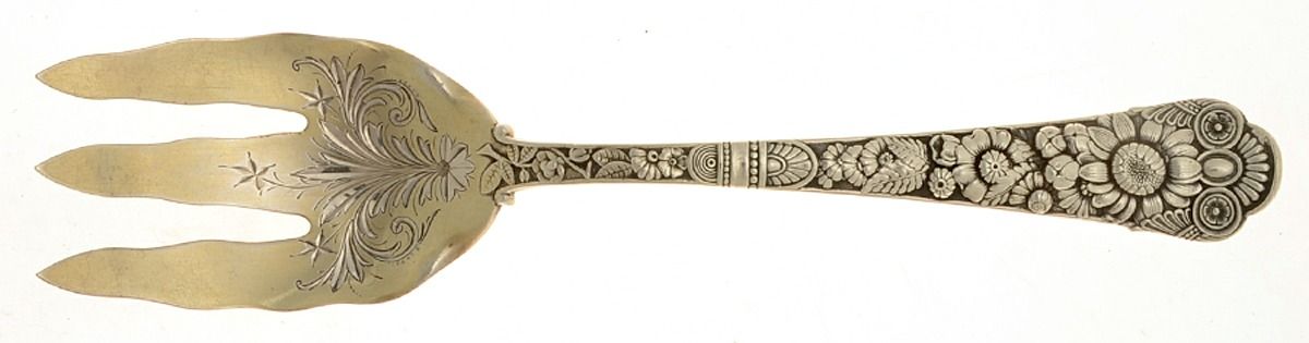 Cluny (Sterling, 1880-1883) Salad Serving Fork, Bright Cut Solid Piece by Gorham Silver-1