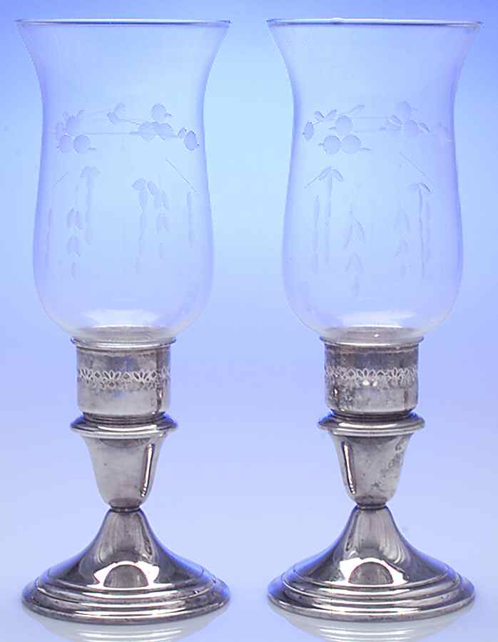 Colonial (Silverplate, Hollowware) Pair of Hurricane Lamps & Globes by Gorham Silver-1