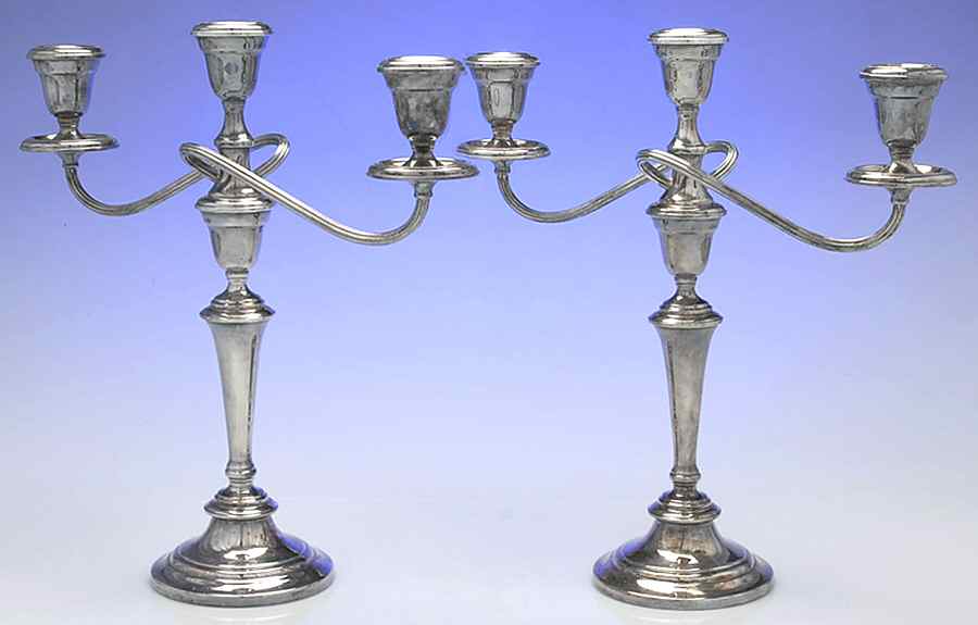 Colonial (Silverplate, Hollowware) Pair of 14" 3 Light Candelabra by Gorham Silver-1