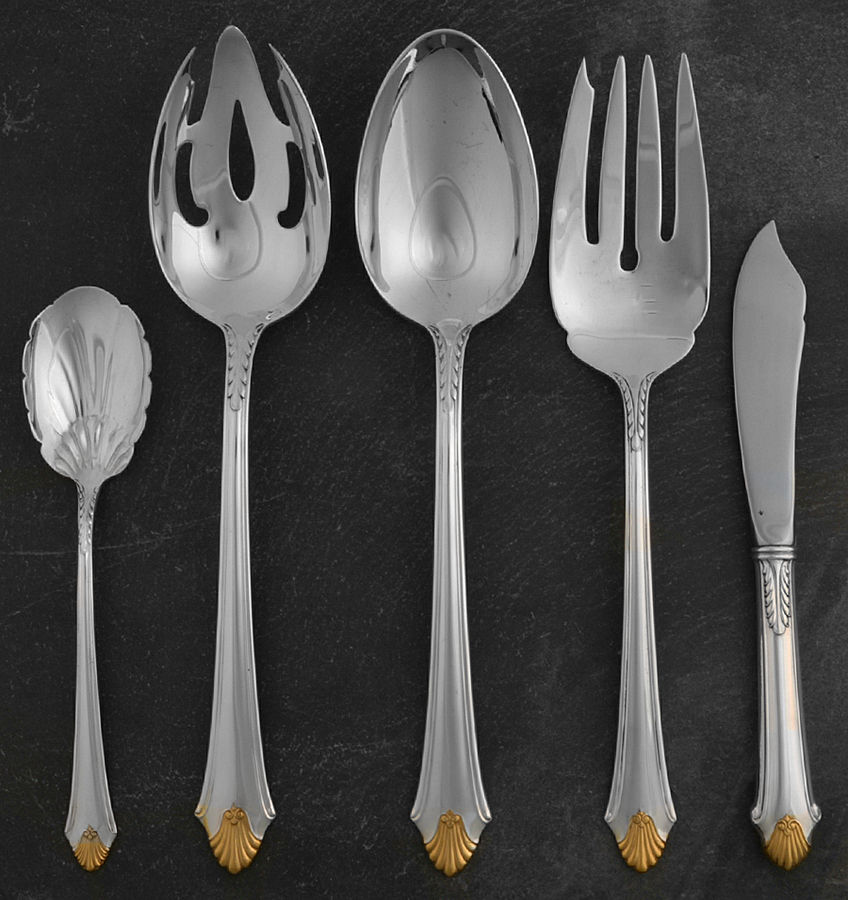 Edgemont Gold (Sterling, Gold Accent, 1987) 5 Piece Hostess Set by Gorham Silver-1