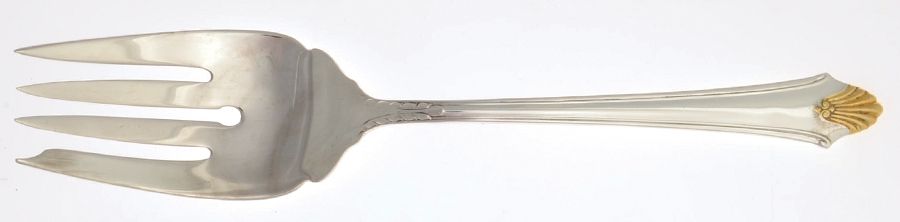 Edgemont Gold (Sterling, Gold Accent, 1987) Medium Solid Cold Meat Serving Fork by Gorham Silver-1
