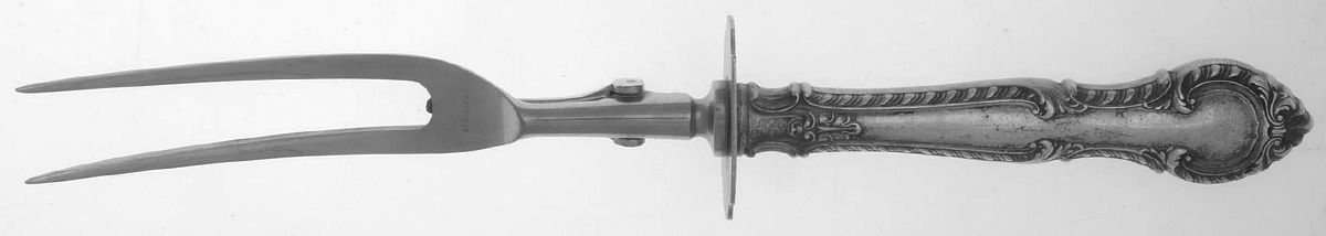 English Gadroon (Sterling, 1939, No Monos) Large Stainless Prong Carving Fork W/Sterling Guar by Gorham Silver-1
