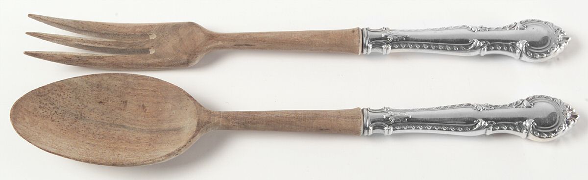 English Gadroon (Sterling, 1939, No Monos) Wooden Bowl 2-Piece Salad Set by Gorham Silver-1