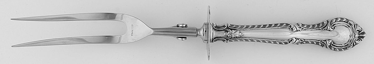 English Gadroon (Sterling, 1939, No Monos) Lg Carving/Roast Fork-Stn Prong w/Sterling Guard by Gorham Silver-1