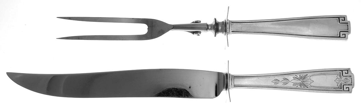 Etruscan-Engraved (Sterling, 1913) (2 Pc)Carving Set-Lg Stnbl/Roast w/Sterling Guard by Gorham Silver-1