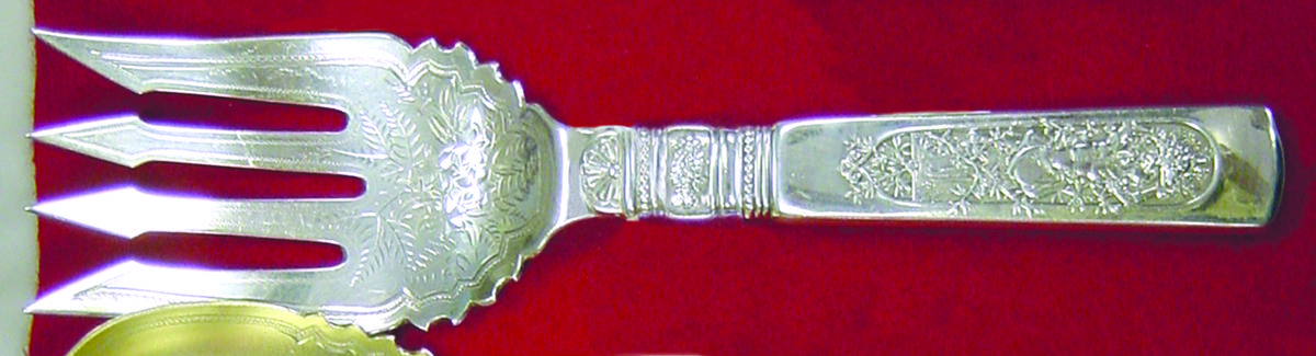 Fontainebleau (Sterling, 1880, No Monograms) Fish Serving Fork Hollow Handle Large, Bright Cut by Gorham Silver-1