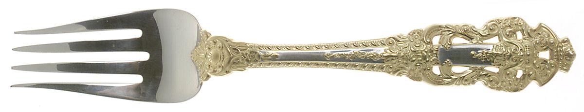 Golden Crown Baroque (Sterling, Full Gold Accent) Medium Solid Cold Meat Serving Fork by Gorham Silver-1