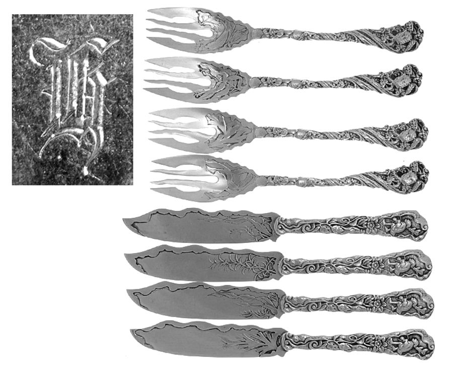 Hizen (Sterling, 1880) Solid Bright Cut Fish Set - Set of 8 (4 Forks & 4 Knives) by Gorham Silver-1