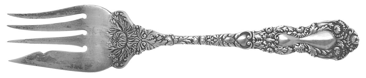 Imperial Chrysanthemum (Sterling, 1894, No Monos) Small Solid Cold Meat Serving Fork by Gorham Silver-1