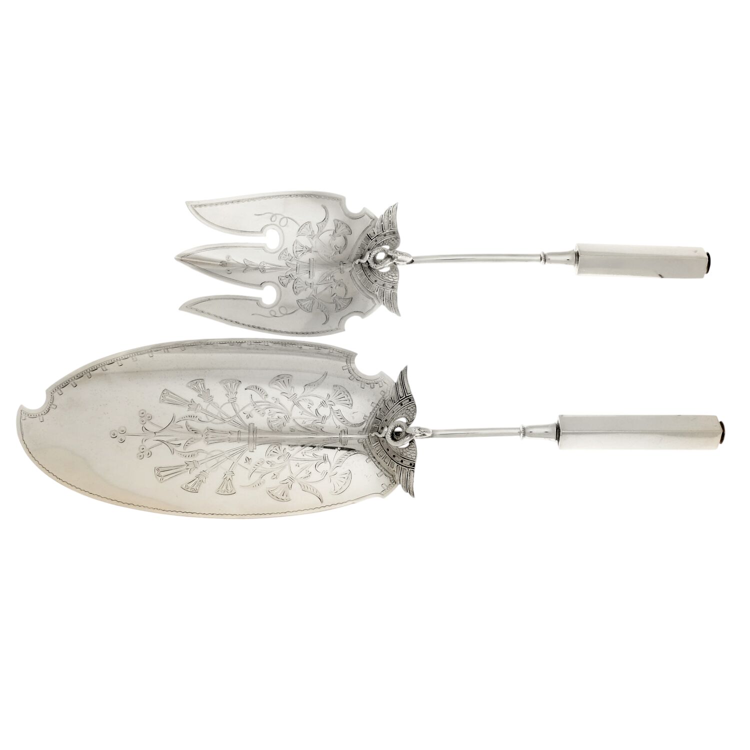 Isis (Sterling, 1870) 2 Pc Large Fish Serving Set Hollow Handle with Bright Cut by Gorham Silver-1