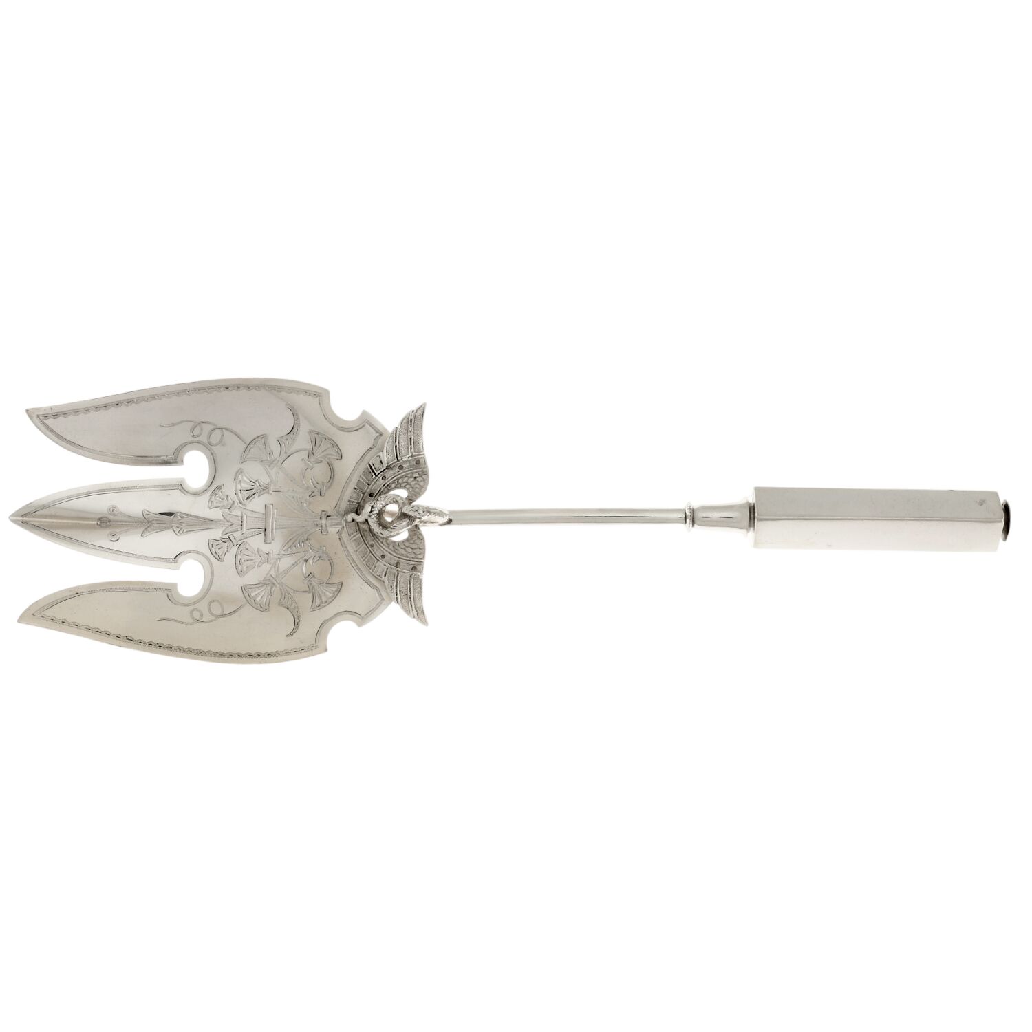 Isis (Sterling, 1870) Fish Serving Fork Hollow Handle Large, Bright Cut by Gorham Silver-1