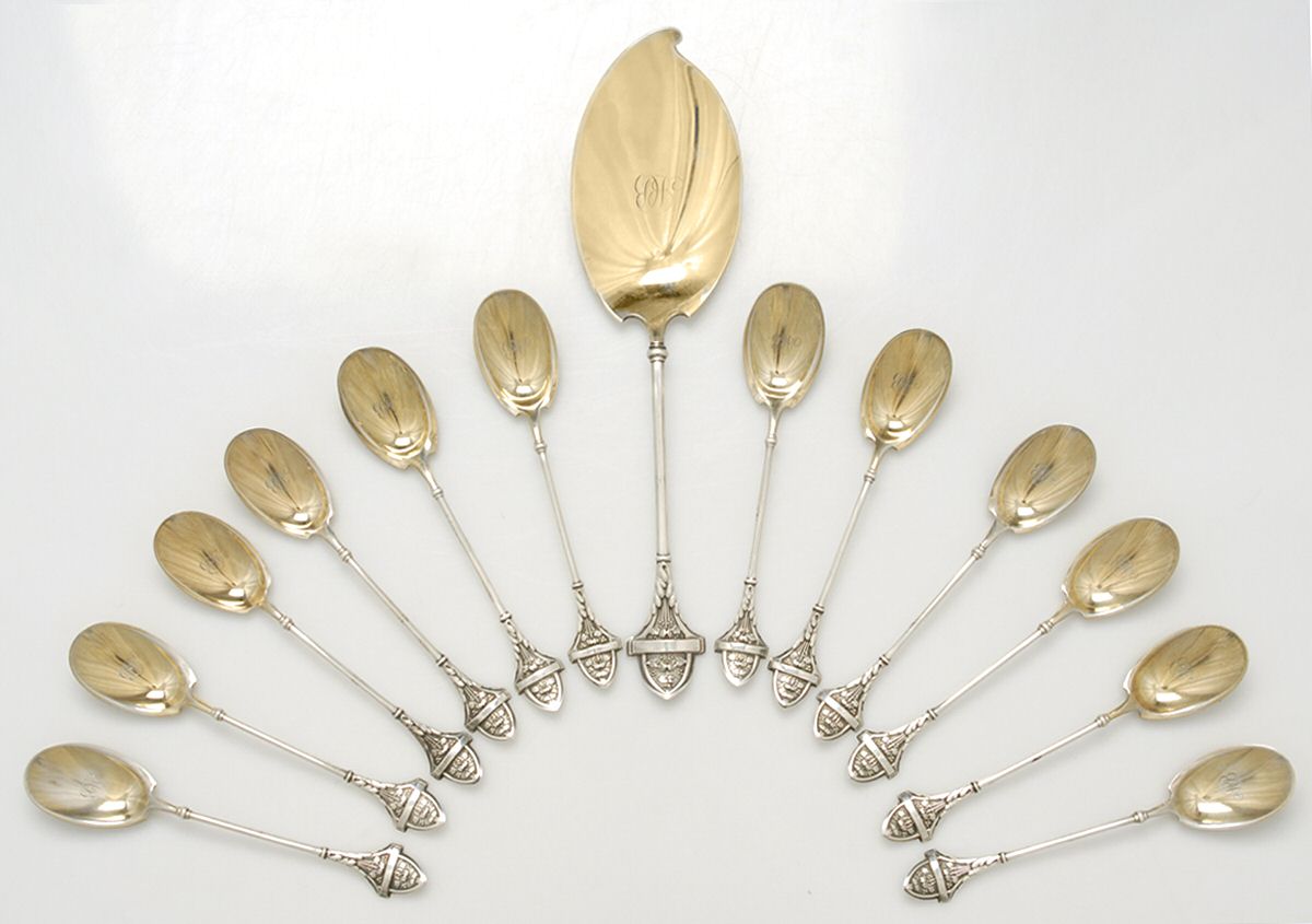 Ivy (Sterling, 1865, 1868) 13pc Ice Cream Set (Server & 12 Spoons) by Gorham Silver-1
