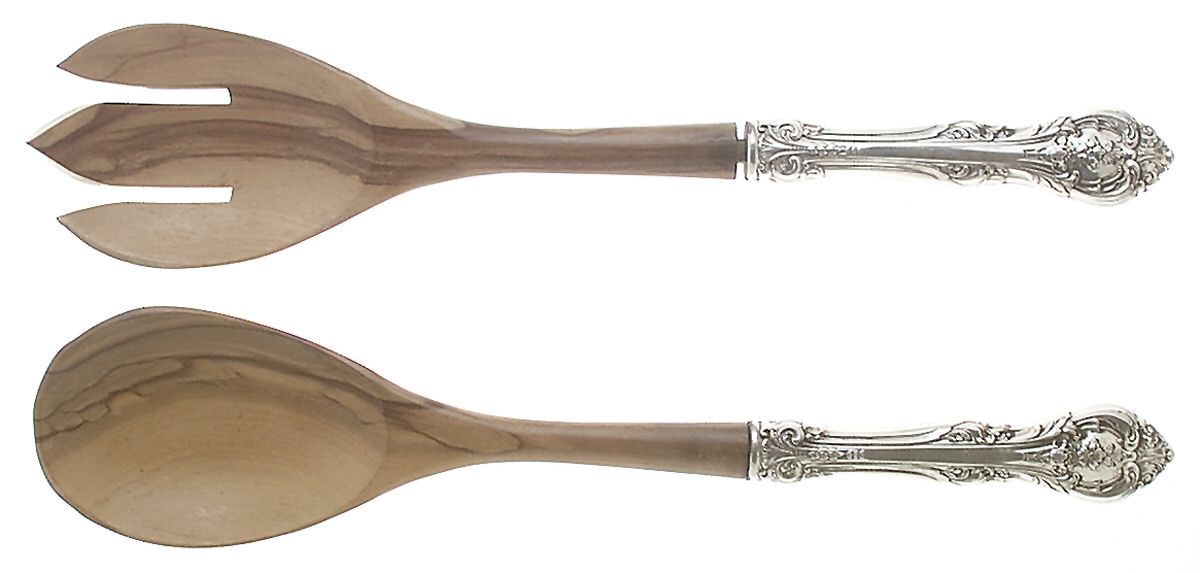 King Edward (Sterling, 1936, No Monos) Wooden Bowl 2-Piece Salad Set by Gorham Silver-1
