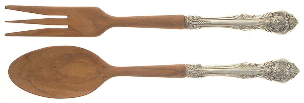 King Edward (Sterling, 1936, No Monos) Wooden Bowl 2 Piece Salad Set by Gorham Silver-1