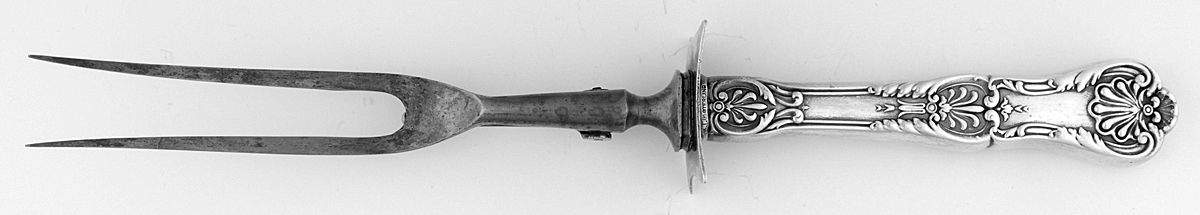 King George (Sterling, 1894, No Monograms) Lg Carving/Roast Fork-Stn Prong w/Sterling Guard by Gorham Silver-1