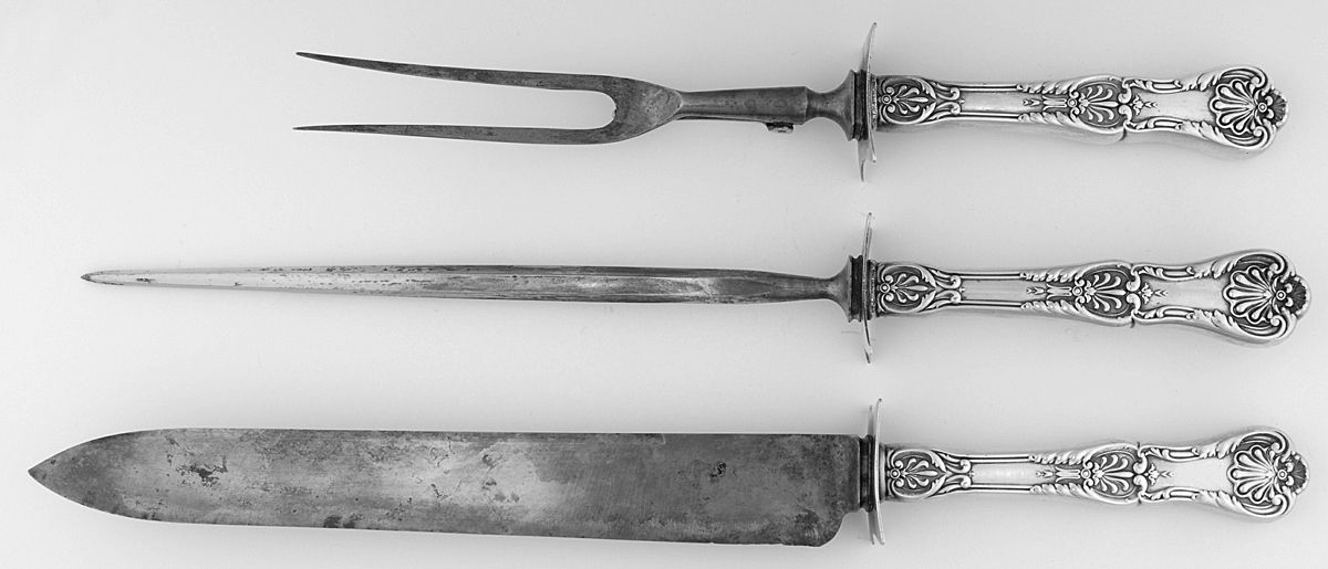 King George (Sterling, 1894, No Monograms) (3 Pc)Carving Set-Lg Stnbl/Roast w/Sterling Guard by Gorham Silver-1