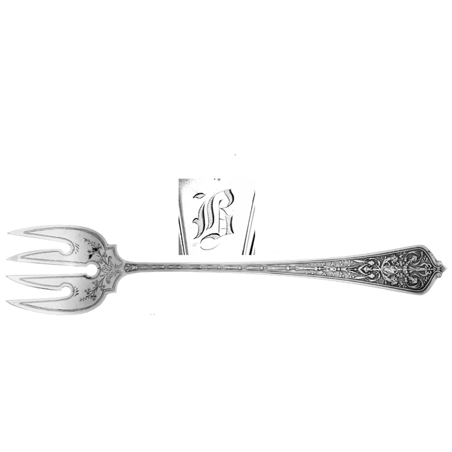 Lady Washington (Sterling, 1876) Sardine Serving Fork Tined Large Bright Cut by Gorham Silver-1