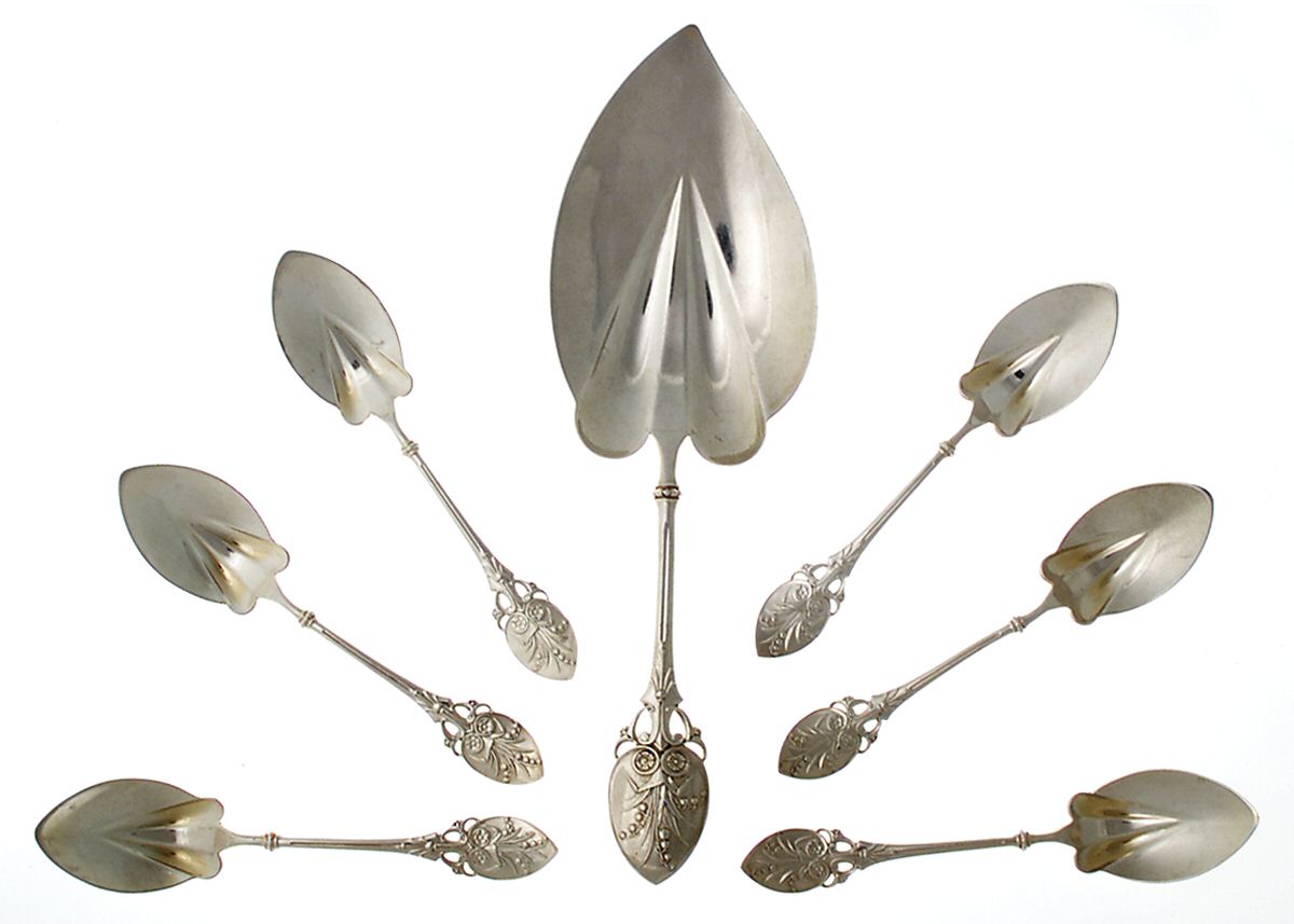 Lily (Sterling, 1870, No Monograms) 7 Piece Ice Cream Set (ICSS and 6 ICSP) by Gorham Silver-1