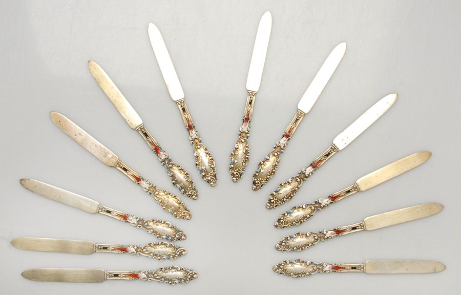 Luxembourg (Sterling, 1893) Butter Spreader,Flat Handle,Pointed,Enamel Set 12 by Gorham Silver-1