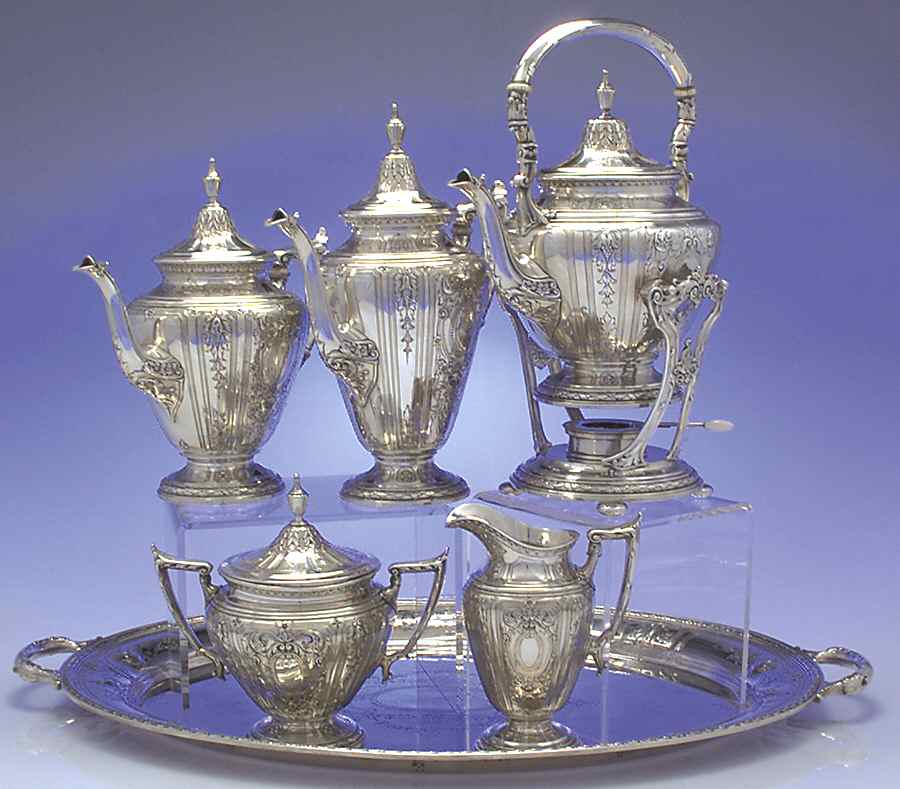 Maintenon (Sterling, Hollowware) 6 Piece Tea Set (SCP, STP, SCR, SSU, SKES, WTL) by Gorham Silver-1