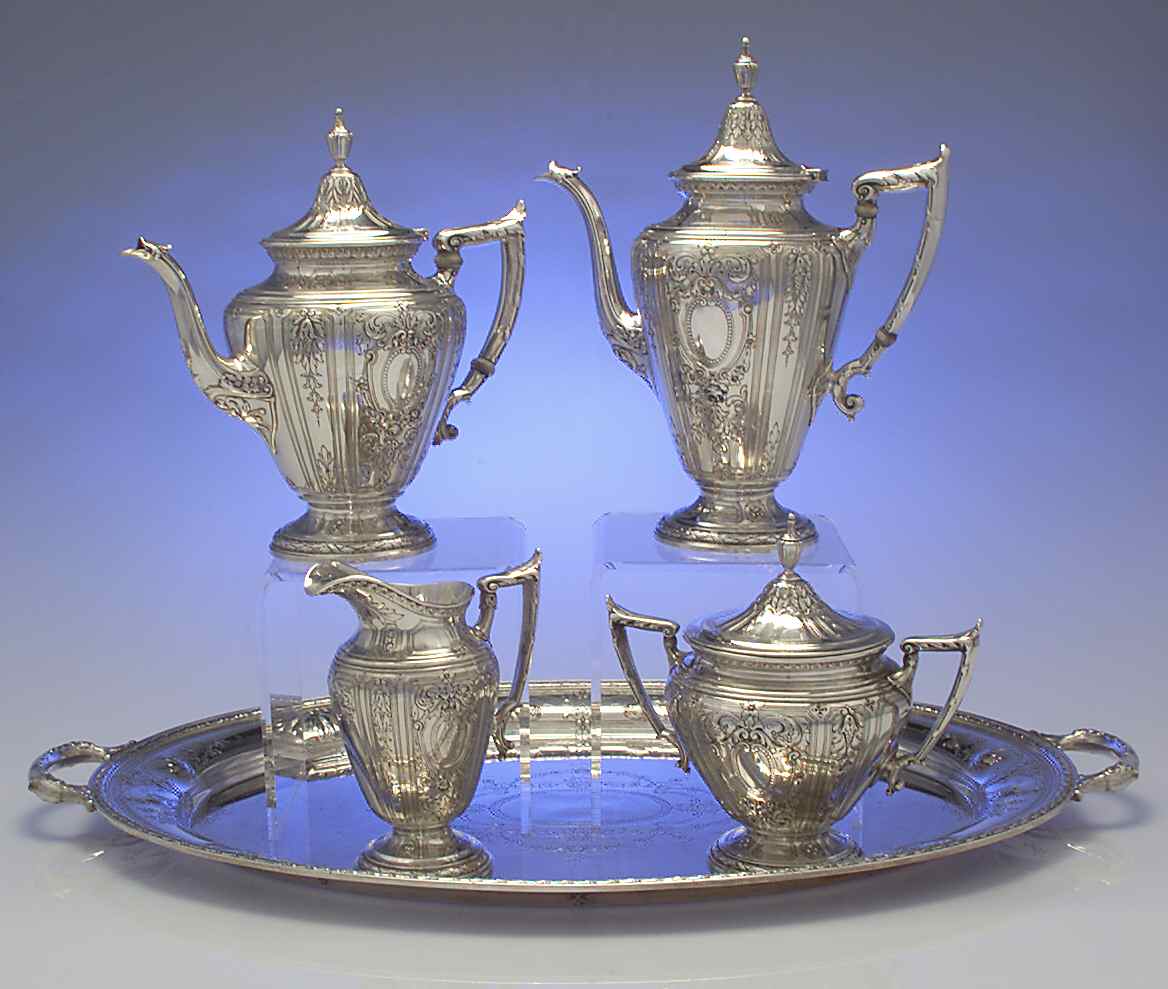 Maintenon (Sterling, Hollowware) 5 Piece Tea Set (SCP, STP, SCR, SSU, WTL) by Gorham Silver-1
