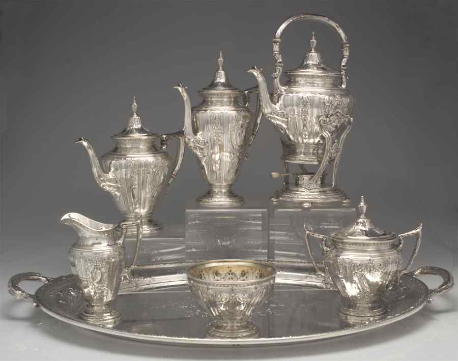 Maintenon (Sterling, Hollowware) 7 Piece Tea Set (SCP, STP, SCR, SSU, SWB, SKES & WTL) by Gorham Silver-1