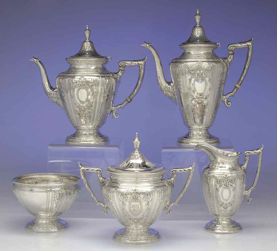 Maintenon (Sterling, Hollowware) 5 Piece Tea Set (SCP*, STP*, SCR*, SSU*, SWB*) by Gorham Silver-1