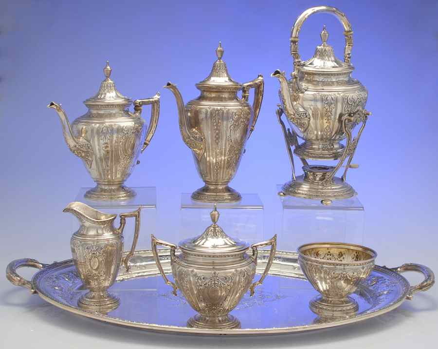 Maintenon (Sterling, Hollowware) 6 Piece Tea Set (SCP, STP, SCR, SSU, SWB, SKES) by Gorham Silver-1
