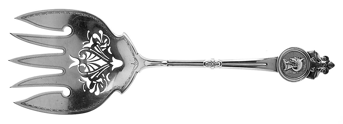 Medallion (Sterling, 1864) Large Solid Bright Cut Fish Serving Fork by Gorham Silver-1