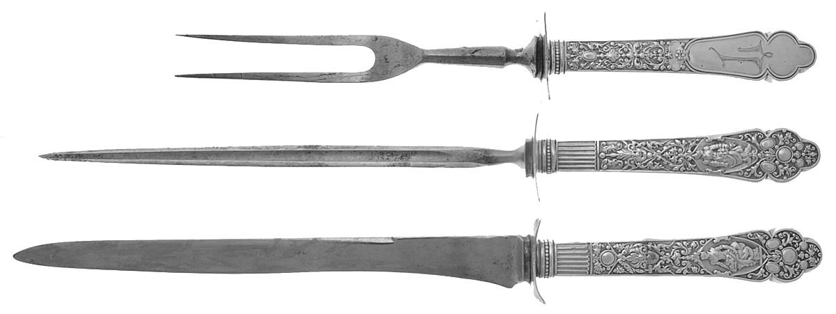 Medici-Old (Sterling, 1880, No Monograms) 3 Piece Small Carving Set W/Sterling Guard by Gorham Silver-1