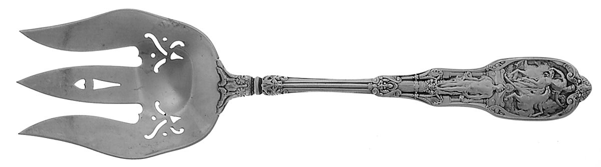 Mythologique (Sterling, 1894, Old, NoBeads, NoFaceBow) Oversize Solid Salad Servng Fork by Gorham Silver-1