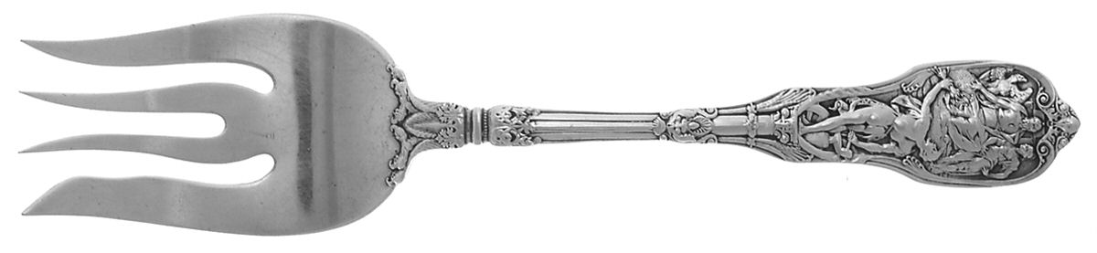 Mythologique (Sterling, 1894, Old, NoBeads, NoFaceBow) Medium Solid Cold Meat Serving Fork by Gorham Silver-1